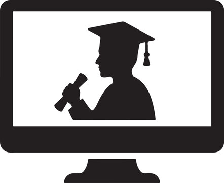 Online graduation concept icon with graduate silhouette holding a diploma scroll on a computer screen