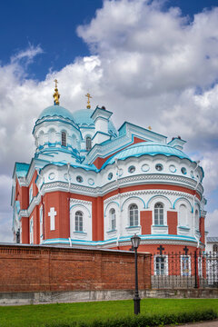 Transfiguration Cathedral on Valaam island, Russia apse view. Byzantine Russian stone architecture, red brick walls