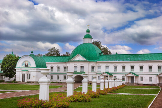 Gateway church of St Nicholas in Svirskoye, Russia front view. Classicism stone monastery architecture, holy gates