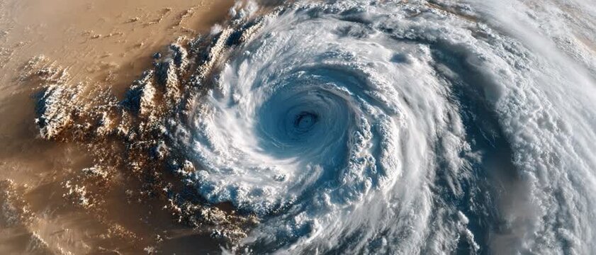 Aerial View of Hurricane: A massive hurricane swirls ominously from above, its eye a calm center within the powerful vortex of clouds, showcasing nature's destructive force.
