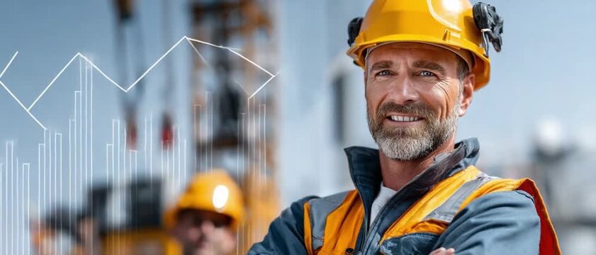 Skilled Engineer with Chart: A confident engineer, wearing a yellow hard hat and safety vest, smiles at the camera with a blurred construction site and a superimposed growth chart in the background.