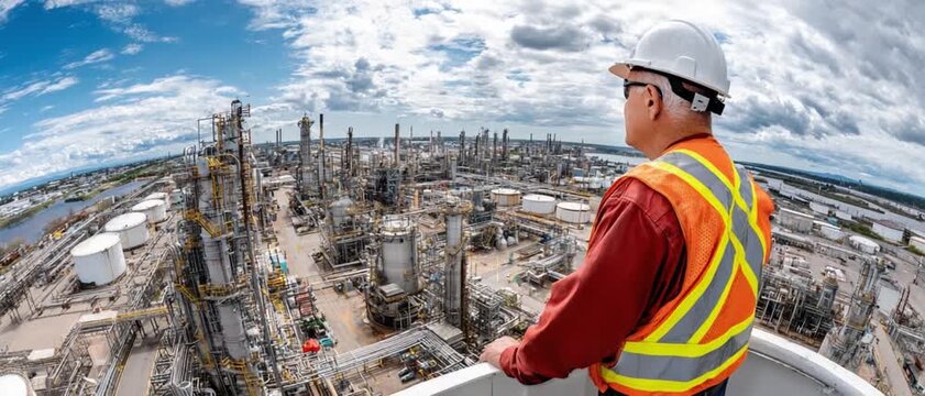 Industrial Oversight: A foreman in a hard hat and safety vest surveys a sprawling petrochemical plant under a dramatic sky, embodying the vastness and complexity of industrial operations.