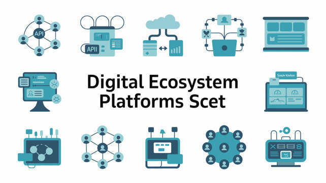 Collection Of Fifteen Flat Teal Icons Representing Digital Ecosystem Platforms And Network Connections api icon application programming interface