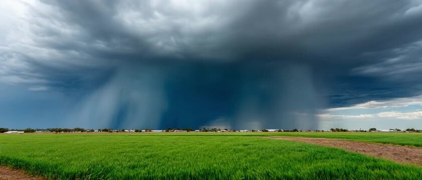 Storm over the Horizon: A dramatic supercell thunderstorm looms over a flat, green landscape, unleashing a powerful downpour that stretches across the horizon.