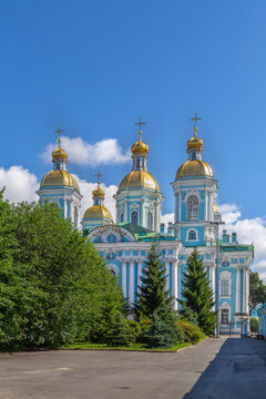 St Nicholas Naval Cathedral in St Petersburg, Russia front view. Baroque stone church architecture, blue walls