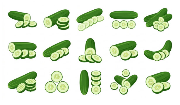 Fresh Cucumber with Slices Flat Vector Illustration Healthy Vegetable Clipart Isolated on White