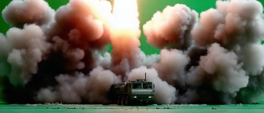 Missile Launch Spectacle: A powerful missile is launched amidst a massive explosion of smoke and fire, showcasing a dramatic display of technological might and raw energy.