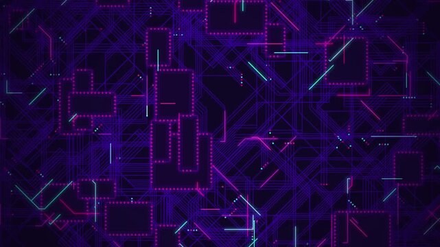 Abstract digital technology background with glowing circuit board lines and microchip patterns