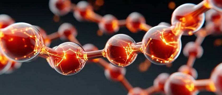 Glowing Molecular Structure: A microscopic view of a vibrant molecular chain, with interconnected spheres emitting a warm, orange glow.