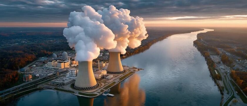 Power Plant Emission: Massive plumes of steam billow from the cooling towers of a nuclear power plant, set against the tranquil backdrop of a wide river and the soft light of dusk.