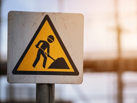 Close up of a safety sign with blurred construction background highlighting workplace safety awareness