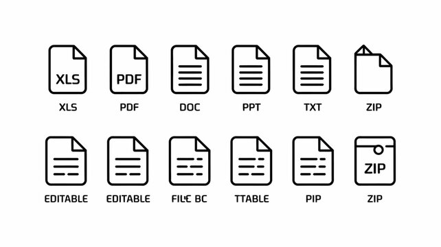 File Type Icons Collection Black Line Art Style On White Background For Digital Interfaces icon document spreadsheet presentation