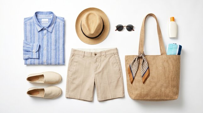Flat lay of men's summer vacation clothing and travel accessories on white background