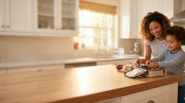 Mother and child packing healthy lunchbox in modern kitchen in sharp focus on right side with vast blurred copy space on left, back to school morning routine concept, warm sunlight.