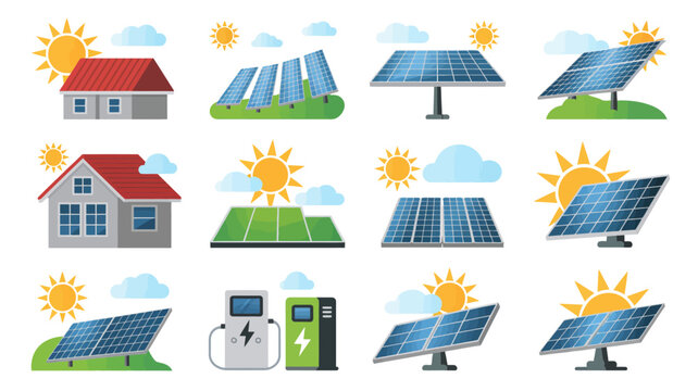 Solar Panel Icons And Residential House With Sun Vector Illustration On White Background energy renewable sunshine photovoltaic power