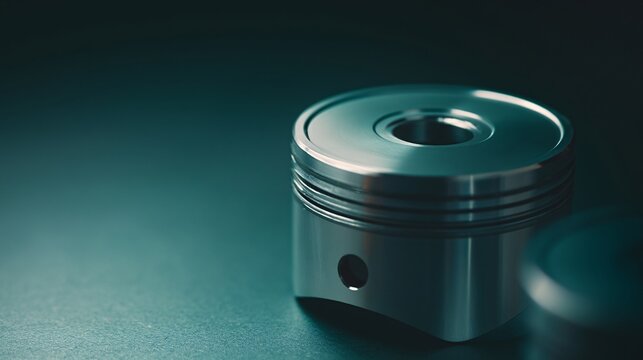 Detailed macro view of a piston showcasing intricate industrial metal features in rich dark tones