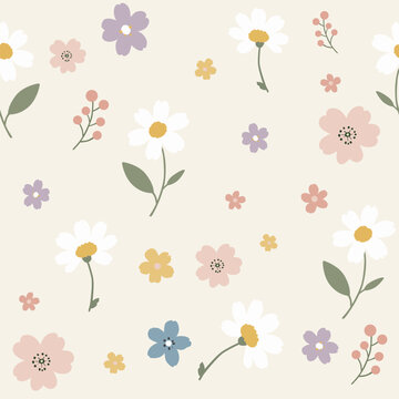 Cute daisy and wildflower seamless pattern on light cream background. Vector illustration.