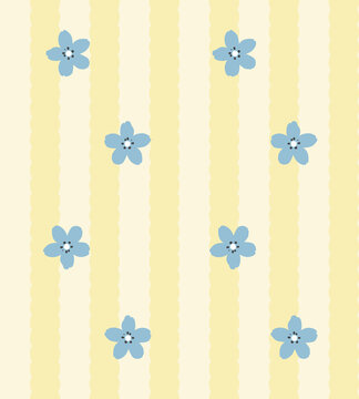 Cute blue forget me not flowers seamless pattern on light yellow striped background. Vector illustration.