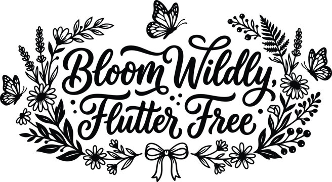 Hand drawn floral wreath with script text bloom wildly flutter free vector