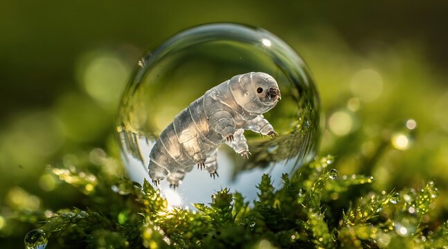 Microscopic Tardigrade Water Bear Encased in Water Droplet on Moss.