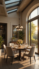 Fototapeta premium Beautifully designed dining room featuring round wooden table set for meal, surrounded by elegant chairs. Natural light streams through large windows, illuminating space and highlighting floral