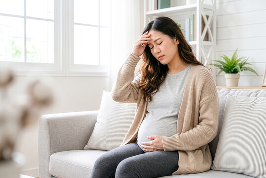 Pregnant woman sitting on sofa touching her head feeling sick and suffering from headache at home.