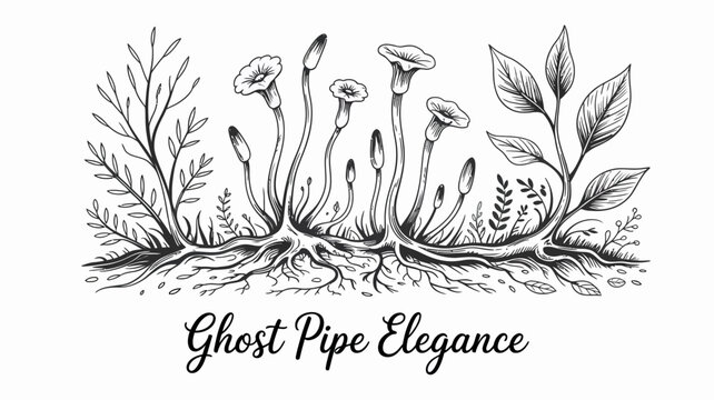 Detailed Botanical Illustration Of Ghost Pipe Plants And Foliage Black And White Vector Art monotropa uniflora plant drawing