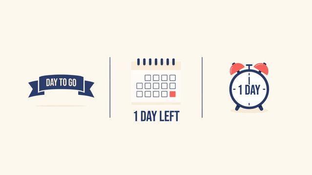 Vector illustration of a ribbon banner calendar and alarm clock displaying one day remaining banner flag calendar date