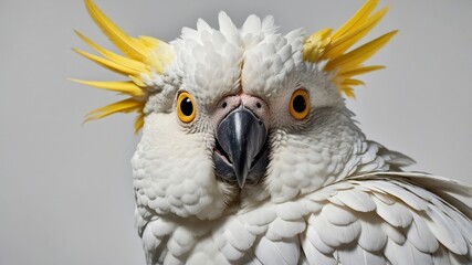 Fototapeta premium Close up portrait of a beautiful white cockatoo with bright yellow crest feathers and eyes