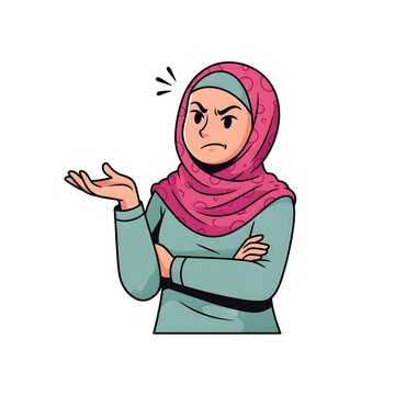 Frustrated Muslim woman in hijab with an annoyed expression gesturing with her hands in a flat vector illustration style
