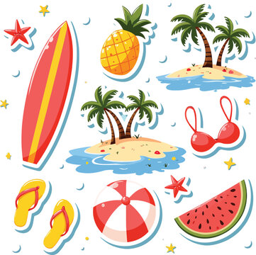 Summer Beach Elements Vector Illustration With Tropical Fruits And Surfboard