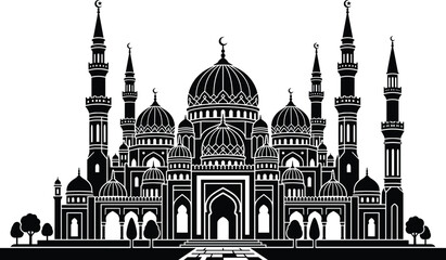 Detailed Mosque Building Silhouette Vector Illustration with Ornate Domes and Minarets for Ramadan Eid Mubarak Islamic Holidays and Cultural Religious Banner Designs © MdBokul