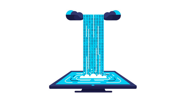 Cloud Computing Concept Illustration: Binary Code Waterfall Flowing from Clouds into Tablet Screen for Data Transfer and Digital Storage