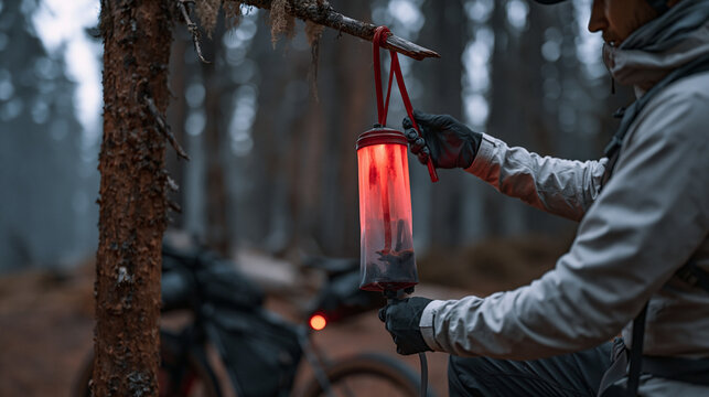 Bikepacker filtering stream water through gravity filter hung from tree branch at primitive gravel road campsite, self-supported hydration routine, ultralight water treatment,
