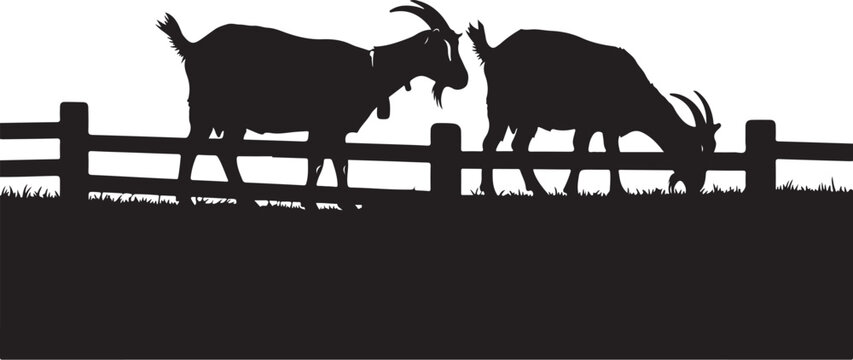 Black silhouette of two goats on either side of a fence