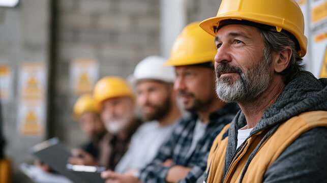 Workforce development instructor demonstrating hydraulic equipment controls to a row of adults in hard hats inside a vocational training bay, safety posters lining cinder-block
