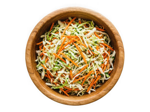 Freshly Prepared Coleslaw Salad in a Rustic Wooden Bowl, Top View