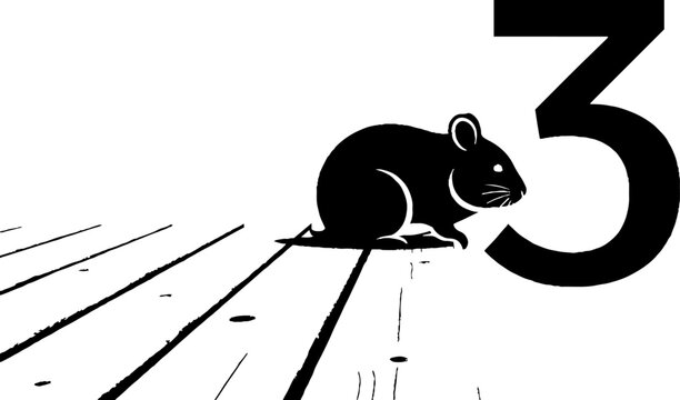 Black and white illustration of a small mouse on wooden floor.