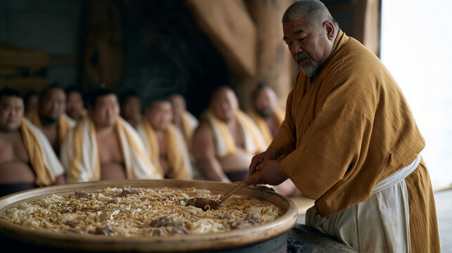 Sumo stable cook serving chanko nabe from an enormous pot to a row of wrestlers seated on the floor after morning practice, the steam rising in the low-roofed kitchen, towels