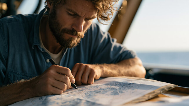 Marine ecologist mapping coral reef zones on a laminated chart aboard a research vessel, interconnected ecosystem network, scientific fieldwork candid, ocean conservation