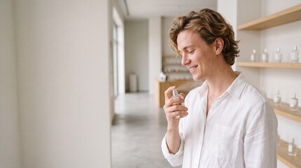 Fototapeta premium In a serene perfume shop, a young man smiles as he enjoys the fragrance from a small bottle. Soft light flows through the space, enhancing the calm atmosphere.