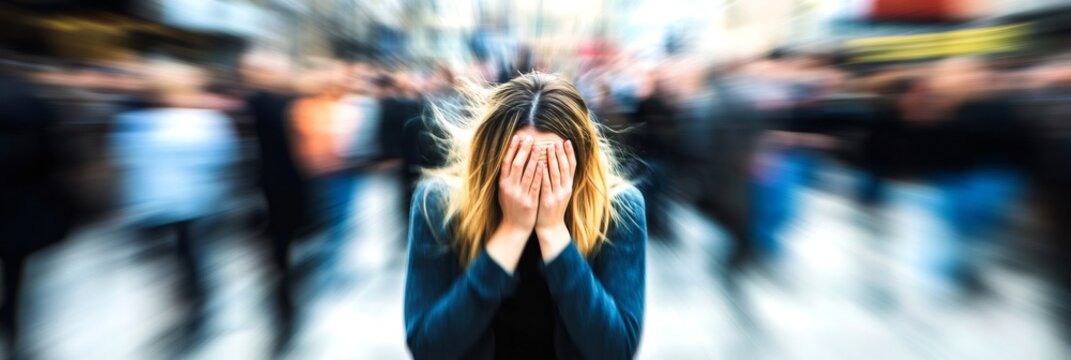 Professional female showing exhaustion, pressing palms against face while standing amid blurred cityscape, surrounded by hurrying pedestrians during high pressure workday moment