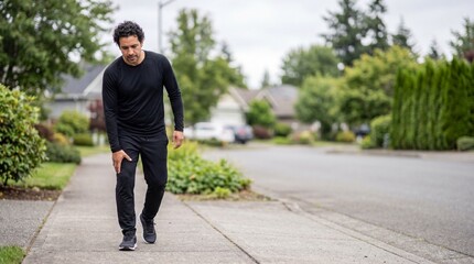 Obraz premium Taking careful steps, a man in black athletic wear walks along a peaceful suburban road, tending to his leg while the cloudy sky looms overhead. Nearby greenery adds to the serene atmosphere.