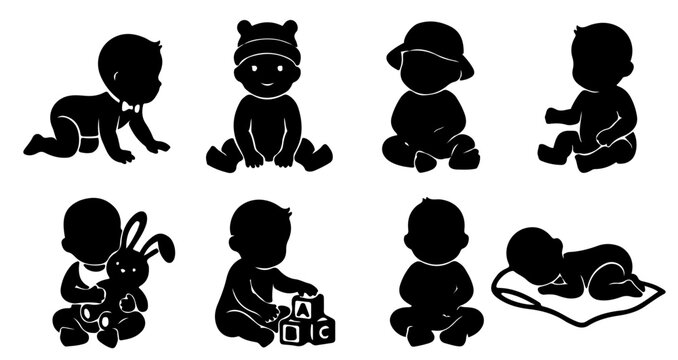 Cute baby milestones and nursery toys vector icon set, newborn infant playing silhouette pack