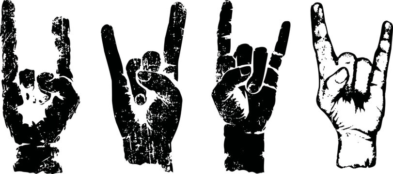 grunge hand gestures expressing rock and metal horns symbol in black silhouette set