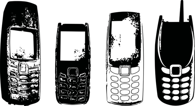 Vintage mobile phones silhouettes classic cell phones with keypad and antenna, communication devices evolution concept