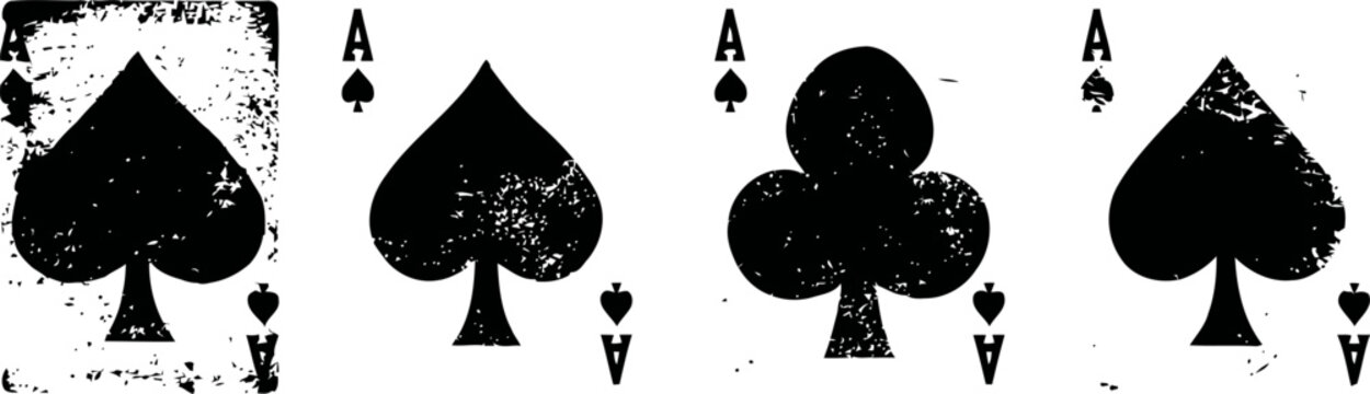 four vintage playing cards featuring ace symbols of spades and clubs, grunge