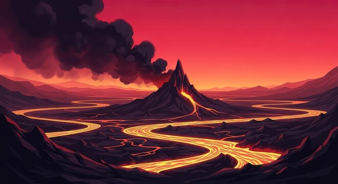 A vast underworld landscape featuring flowing rivers of molten lava, jagged dark rock formations and thick black smoke under a crimson sky, canyon, silhouette, magma