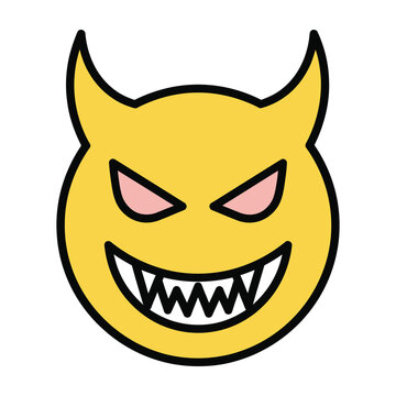 Yellow devil face with sharp teeth and horns cartoon emoji smiling evil