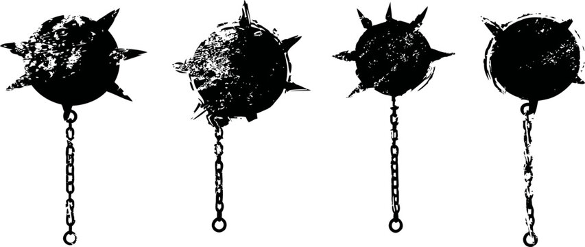 medieval flail weapons with spiked metal balls and chains in black silhouette set